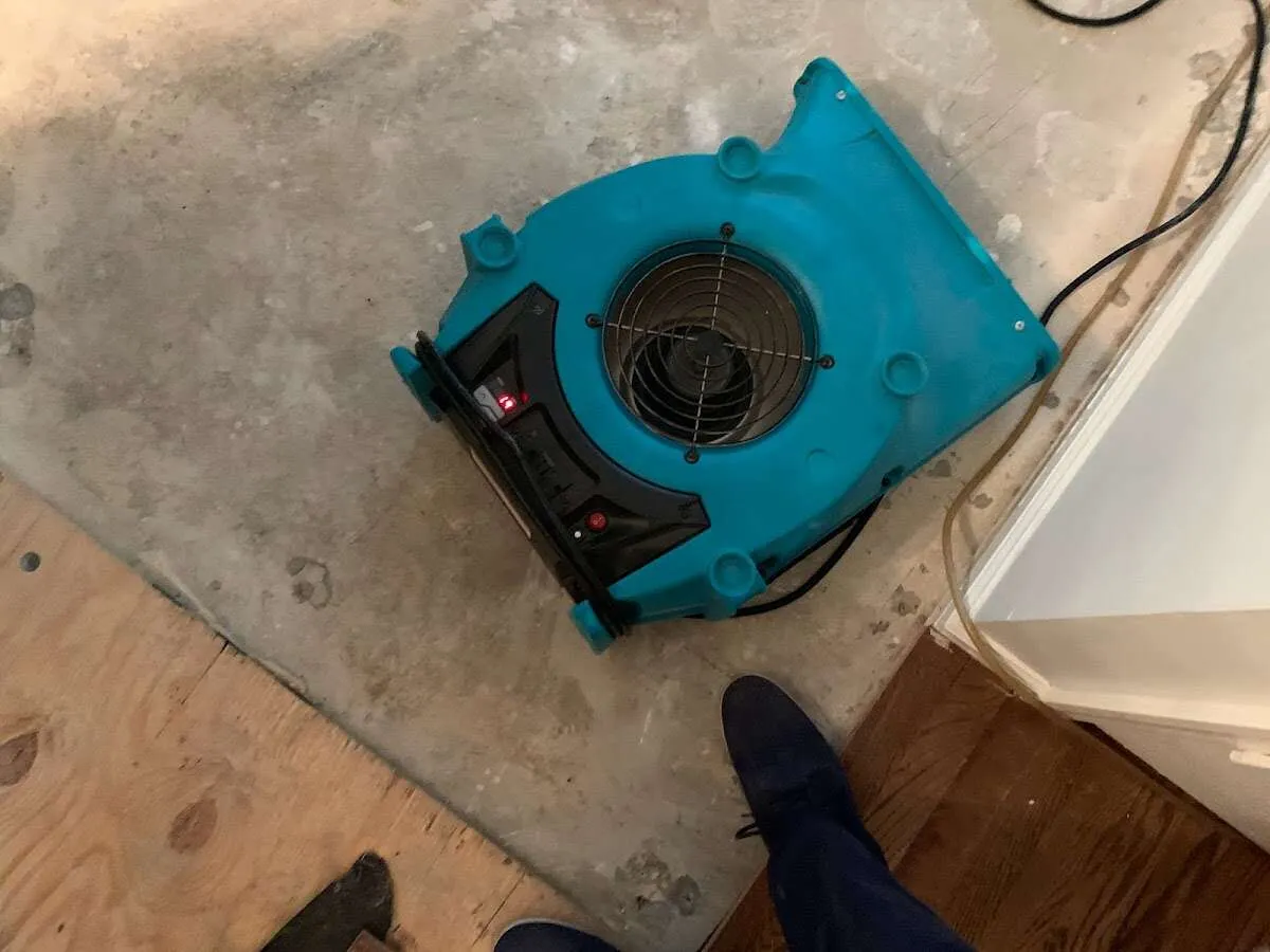 Air mover drying subfloor during Leak Detection & Repair in Crofton